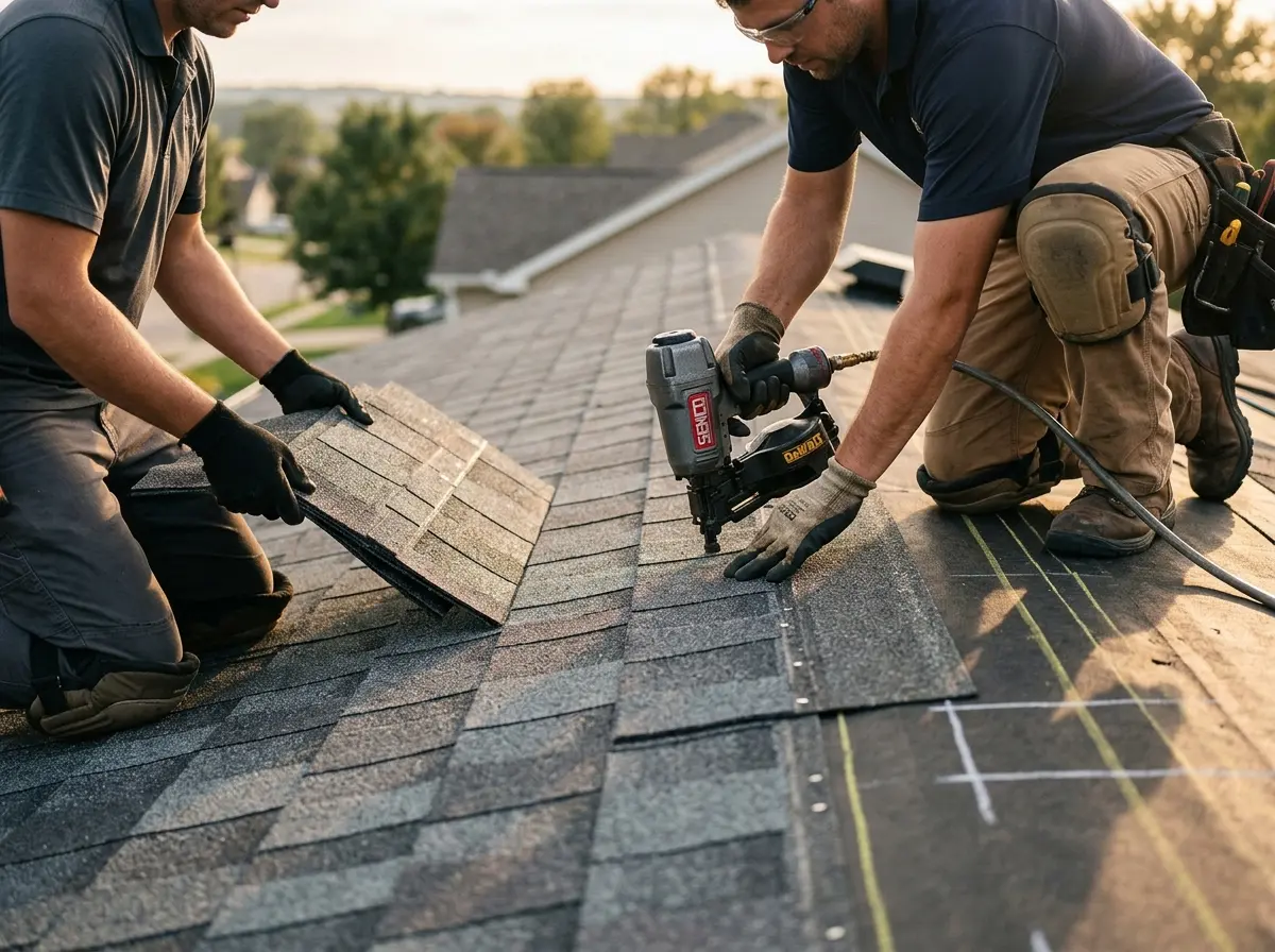 Professional roofer working on a residential roof in Vincennes